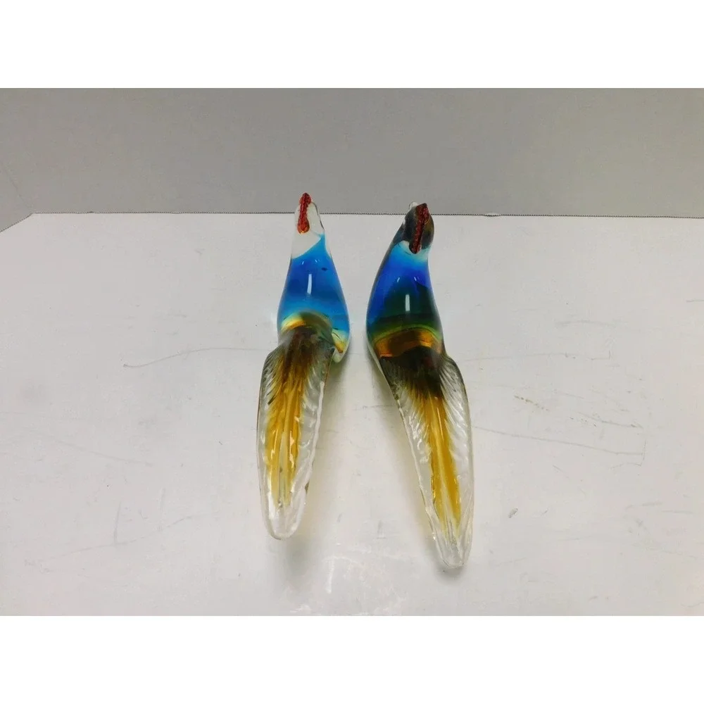 Vintage Art Glass Rooster Figurines Pair Blue Amber Green Hand Blown Birds DW740